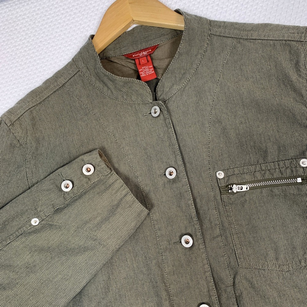 Sundance Utility Jacket Womens Large Olive Green Black Stripe Band Collar